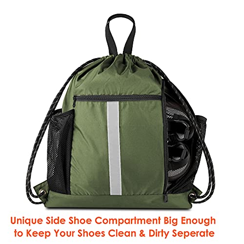 BeeGreen Moss Green Drawstring Bag Pack Sport Cinch Sack with Shoe Compartment and Two Side Mesh Pockets Heavy Duty Gym String Backpack for Unisex - color: Moss Green, style: Drawstring With Shoe Compartment