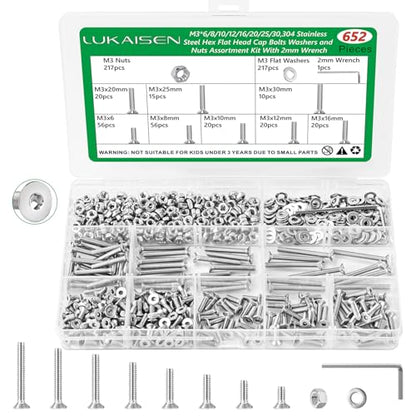 652 Pcs M3 Flat Head Screws Nuts Washers Wrench Kit, 304 SS | with Flat Washers & Wrench, Flush Mount Metric Fasteners for 3D Printers, Drones & DIY, 6mm-30mm,Clear Label Storage Box - size: SS M3 652pcs 1