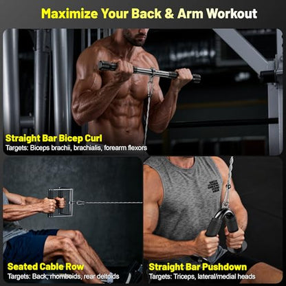 Cable Attachments for Gym, LAT Pulldown & Cable Machine Attachment Set: V-Shaped Bar, Rotating Straight Bar, V Rotation Handle, Nylon Tricep Rope, Ankle Straps & Handles, Home Gym - size: Short Bar Set