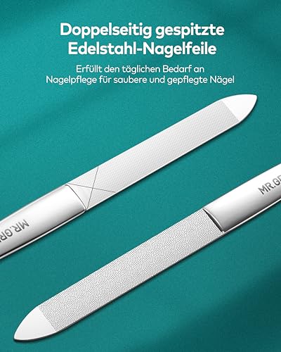 MR.GREEN Professional Double Sided Stainless Steel Nail File with Non-Slip Handle and Leather Case, Pointed Nail Buffering Files Washable - size: MR-2111