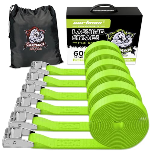 Cartman 1" x 12 ft Lashing Straps, 6 Pack, 600 lb Break Strength, Green | Steel buckle clamps, corrosion-resistant silver finish, and a carry bag - color: Green, size: 6 PK