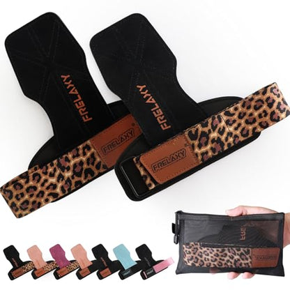 Frelaxy Lifting Wrist Straps for Women and Men, Weight Lifting Grips | Double-layer leather, Cushioned wrist support, Durable construction, Storage pouch, Deadlifts, rows, lat pulldowns - color: Black/Leopard