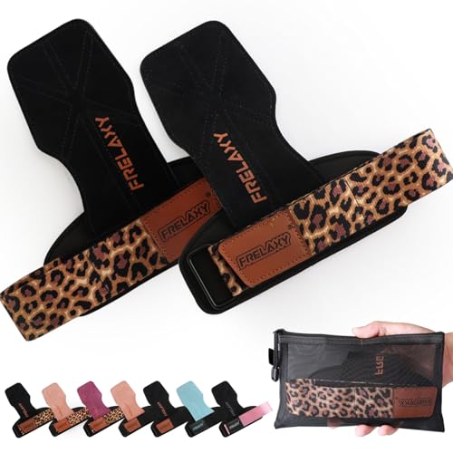 Frelaxy Lifting Wrist Straps for Women and Men, Weight Lifting Grips | Double-layer leather, Cushioned wrist support, Durable construction, Storage pouch, Deadlifts, rows, lat pulldowns - color: Black/Leopard