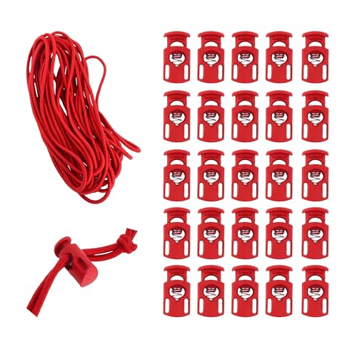 Mandala Crafts Maroon Shock Cord & Cord Locks for Elastic Drawstrings | 10 YDs Bungee String, 25 Spring Toggle Clips, End Stopper Clamps, for Shoelaces, Paracord, Jackets, Hoodies, Backpacks - color: Maroon