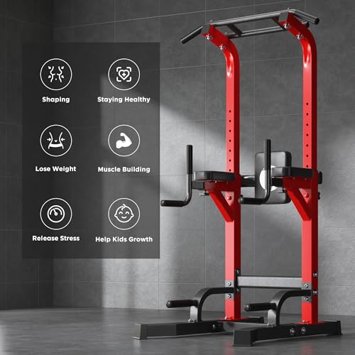 DlandHome Power Tower Pull Up Bar Station, Heavy Duty Adjustable Height for Home Gym Strength Training Equipment 330LBS Weight Capacity, Pull Up Dip Station - color: Red