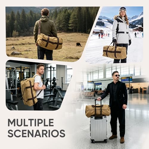 Large Canvas Travel Duffle Bag Heavy Duty, 3-in-1 Convertible Travel Bag with Backpack Straps for Gym, Sports, Travel, Camping(Khaki) - color: Khaki