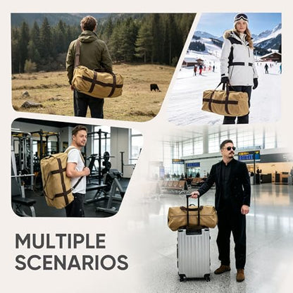 Large Canvas Travel Duffle Bag Heavy Duty, 3-in-1 Convertible Travel Bag with Backpack Straps for Gym, Sports, Travel, Camping(Khaki) - color: Khaki