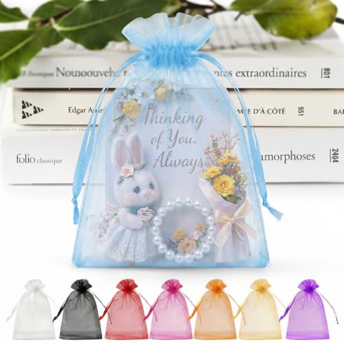 ANZNKU 50 PCS Organza Bags 5 x 7, Sky Blue Small Mesh Gift Bags Drawstring | Sheer Goodie Sachet Pouches for Wedding Party Favors Baby Bridal Shower & Halloween, Use for Candy Jewelry Soap Treats Makeup - color: Sky Blue