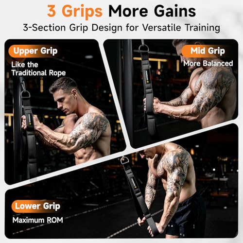 MANUEKLEAR 3 Grip Lengths in 1 Tricep Rope Cable Attachment with Ergonomic Handles, Greater ROM for Tricep Push Down Attachment Professional Gym Rope for Overhead Extension - color: Black