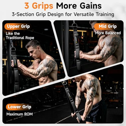 MANUEKLEAR 3 Grip Lengths in 1 Tricep Rope Cable Attachment with Ergonomic Handles, Greater ROM for Tricep Push Down Attachment Professional Gym Rope for Overhead Extension - color: Black