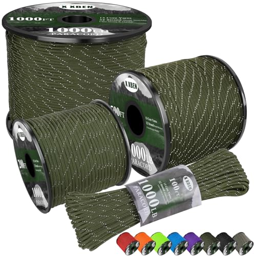 X XBEN Paracord Reflective 1000lb, 50/100/200/500/1000ft 4mm, 13 Strand Paracord Rope, Tactical Parachute Cord for Camping, Fishing, Clothesline, Hammock, Tent & Survival Bracelet, Army Green - color: Army Green, size: 300ft