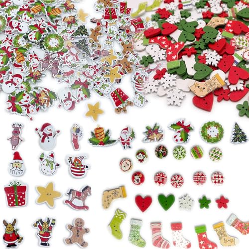 200-PCS Christmas Wooden Buttons Set - Assorted Craft Buttons with Snowflake Designs for DIY Holiday Crafts, Multi-Size Mixed Styles - color: green red white 200PCS