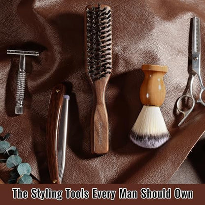 GAINWELL Mens Hair Brush Beard Comb Set, Slick Back Boar Bristle Hair Brush with Stiff Bristles for Thick Hair, Natural Black Walnut Gold Sandalwood Handle, Beard Mustache Brushes Comb Kit - size: Regular(2Pcs Set)