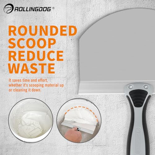 ROLLINGDOG 8 Inch Drywall Bucket Scoop Stainless Steel | Scraper Mud Scoop for Plaster, Morter, Putty, Curved scoop, Rubber grip handle, Angled handle - color: 8 Inch
