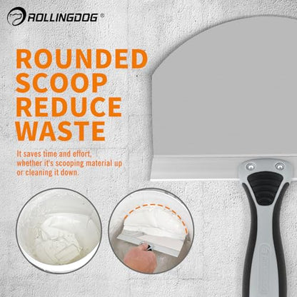 ROLLINGDOG 8 Inch Drywall Bucket Scoop Stainless Steel | Scraper Mud Scoop for Plaster, Morter, Putty, Curved scoop, Rubber grip handle, Angled handle - color: 8 Inch
