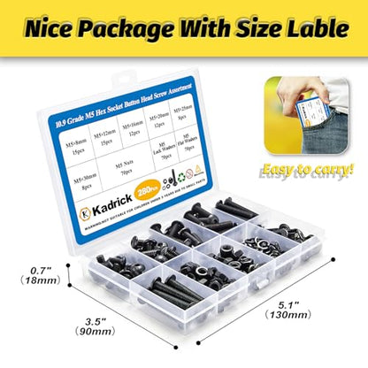 Kadrick M5 Screw Assortment, 280PCS M5 Screw Kit with Nuts Lock & Flat Washers, Grade 10.9 Alloy Steel Hex Socket Button Head Black Screws Nuts and Bolts Kit - size: M5 280Pcs 8-30mm