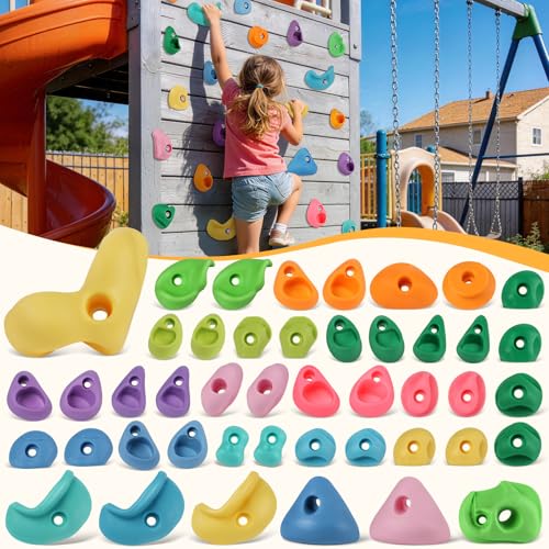 45 PCS Rock Climbing Wall for Kids,Rock Wall Climbing Holds,Adults Climbing Wall Grip Kits Holds Up to 230 lbs for Outdoor Indoor Home Playground Climbing Holds（Pastel Color） - color: 45 Pcs-pastel Color
