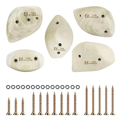 TWO STONES Wooden Rock Climbing Holds for Adults | Wood Rock Wall Climbing Holds for Gyms | Variety Screw On Climbing Hand Holds Set with Mounting Hardware