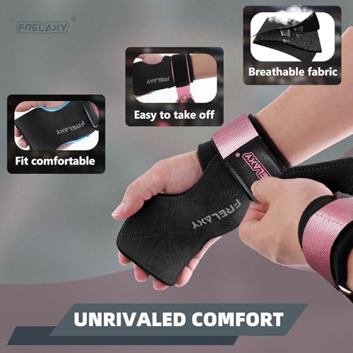 Frelaxy Lifting Wrist Straps for Women and Men, Weight Lifting Grips | Double-layer leather, Cushioned wrist support, Durable construction, Storage pouch, Deadlifts, rows, lat pulldowns - color: Flamingo
