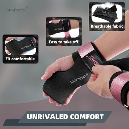 Frelaxy Lifting Wrist Straps for Women and Men, Weight Lifting Grips | Double-layer leather, Cushioned wrist support, Durable construction, Storage pouch, Deadlifts, rows, lat pulldowns - color: Flamingo