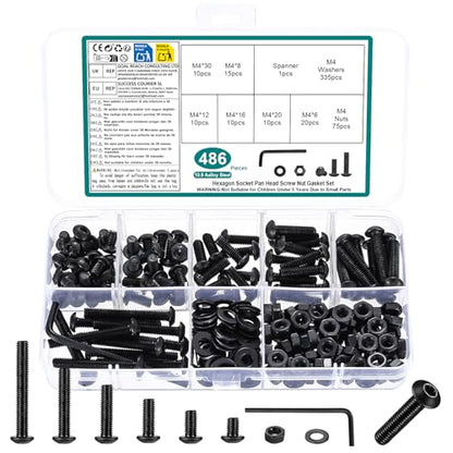 486 Pcs M4 Screws Assortment Kit, Metric Nuts and Bolts Assortment Kit, Hex Socket Button Head Cap Screw Bolts and Nuts Kits, Hex Socket Screw Set, Machine Screws Set, with Spanner(Black) - size: M4