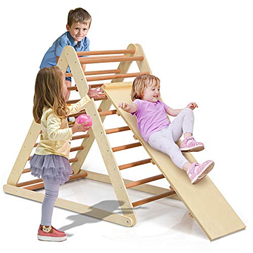 Costzon Foldable Climbing Toys for Toddlers, 3 in 1 Montessori Wooden Triangle Climber for Sliding & Climbing, Kids Indoor Climbers & Gym Play Structures for Boys Girls Gift Present - color: Natural