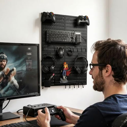 Gaming Pegboard Organizer Wall Mounted 4 Pack - Controller Holder Headset Stand Keyboard Storage - Black Pegboard with 15 Hooks for Gaming Room Setup