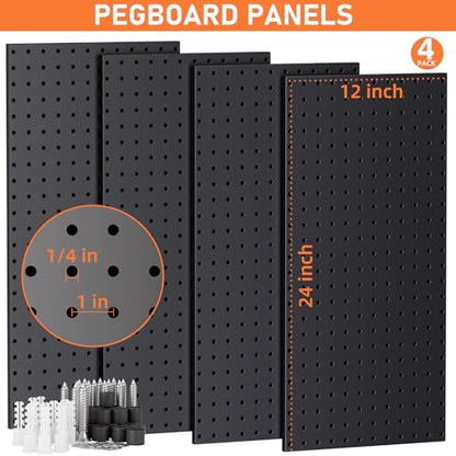 INCLY 48x24 Inch Metal Peg Board Kit 1/4" Pegboard Hooks Accessories | 4PCS Peg Board Panels, 156PCS Pegboard Accessories, Black Pegboard Wall Organizer, Tool Storage System for Garage Workbench - size: 48x24 Inch