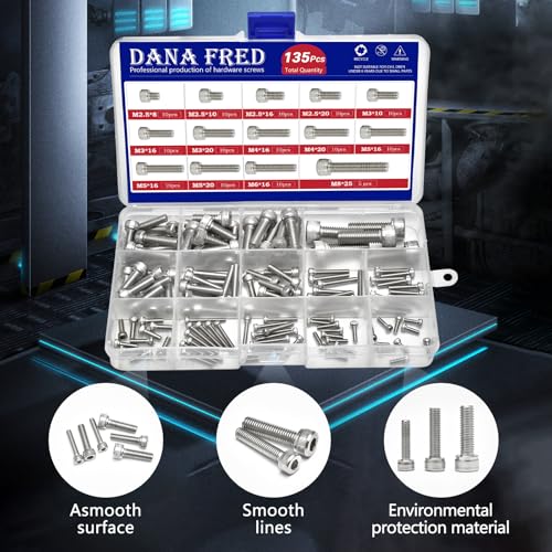 M2.5-M8 Hex Socket Head Cap Screw Metric Thread Hexagon Allen Machine Bolt 135Pcs M2.5 M3 M4 M5 M6 M8 304 Stainless Steel Metal Standard Fastener Hardware Assortment Set for Home Furniture Fastener