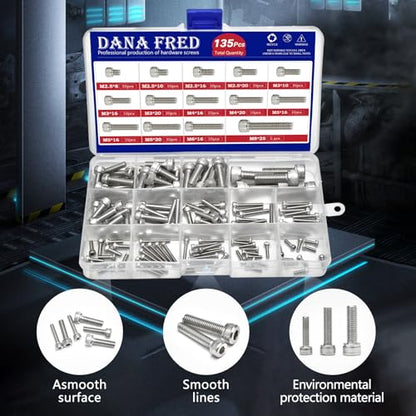 M2.5-M8 Hex Socket Head Cap Screw Metric Thread Hexagon Allen Machine Bolt 135Pcs M2.5 M3 M4 M5 M6 M8 304 Stainless Steel Metal Standard Fastener Hardware Assortment Set for Home Furniture Fastener