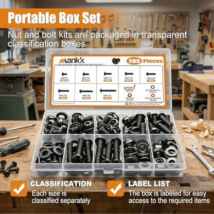 mankk 205PCS M6 Bolt Assortment Kit M6 x 8/10/12/16/20/25/30/35mm Button Head Hex Socket Cap Screws Machine Screws with Nuts Washers - size: M6, style: Button Head