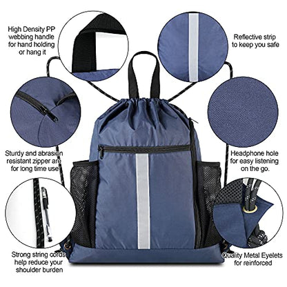 BeeGreen Gym-Drawstring-Backpack-Bag With Shoe Compartment and Two Water Bottle Holder Large String Backpack Sports Bag Athletic Sackpack For Men Women - color: Navy, style: Drawstring With Shoe Compartment