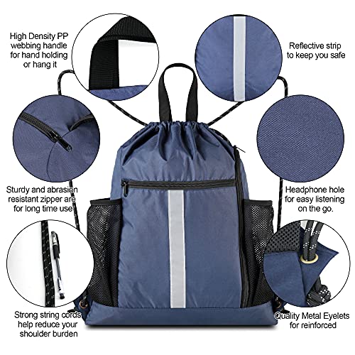 BeeGreen Gym-Drawstring-Backpack-Bag With Shoe Compartment and Two Water Bottle Holder Large String Backpack Sports Bag Athletic Sackpack For Men Women - color: Navy, style: Drawstring With Shoe Compartment