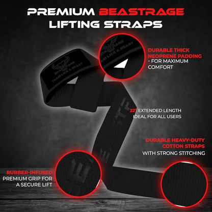 BEAST RAGE Lifting Wrist Straps for Weightlifting, Straps Gym Grip Power Workouts Lifting Straps Padded Neoprene & Premium Cotton Men Women, Deadlift Bodybuilding Exercise Lifting Straps - color: Matte Black
