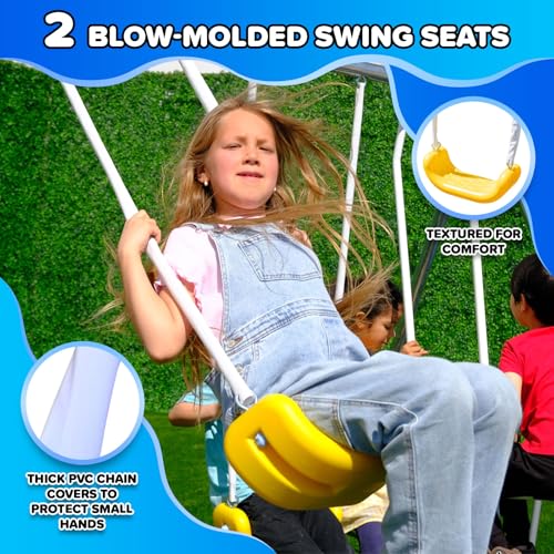 Sportspower 800lbs ‘Swing & Play’ Metal Swing Set for Backyard & Outdoors, 2 Swings & Standing Swing, 2-Person Glider, 2-Person Saucer, 5ft Slide, Bonus Anchors, 6-YR WRTY, 6.1' Tall
