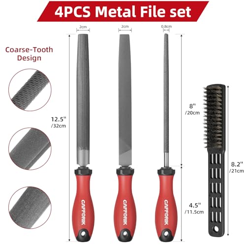 4PCS Metal File Set, 8-Inch, High-strength carbon steel file, Flat/Half round/Round steel file with Handle, Wire Brush, Hand Files Work for Metal, Wood and More