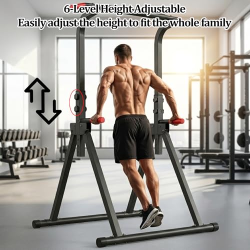 Power Tower, Foldable Dip Station & Pull Up Bar Stand, 6-Level Adjustable Height, 440lbs Heavy-Duty Strength Training Equipment for Home Gym
