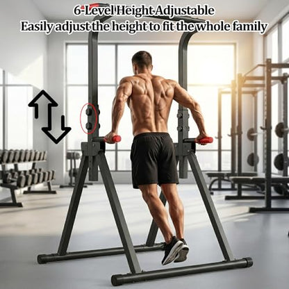 Power Tower, Foldable Dip Station & Pull Up Bar Stand, 6-Level Adjustable Height, 440lbs Heavy-Duty Strength Training Equipment for Home Gym