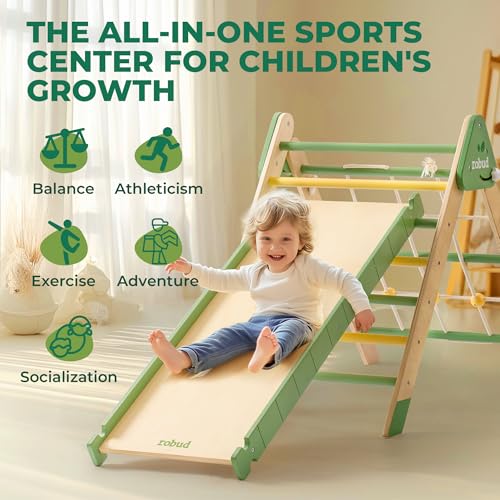 ROBUD 7 in 1 Pikler Triangle Set, Foldable Wooden Climbing Toys for Toddlers, Montessori Foldable Climbing Set with Rope Net, Ramp and Arch Climber for Girls & Boys