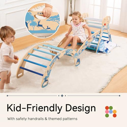 WINGYZ Pikler Triangle Set, Montessori 8-in-1 Foldable Climbing Set | Reversible Animal Slide, Patent-Protected Jungle Gym, Safe 2.35in Gap, ASTM F963 Standards for Toddlers 18M-5Y, Blue - color: Blue