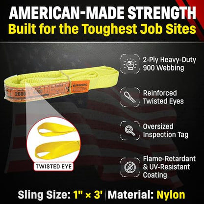 DD Sling 1 Inch x 3 Foot Nylon Lifting Sling – USA Made, 3,200 lb Vertical, 2,600 lb Choker, 6,400 lb Basket – 2-Ply Heavy Duty 900 Webbing, Type 4 Twisted Eye & Eye Rigging Sling - size: 1" x 3'