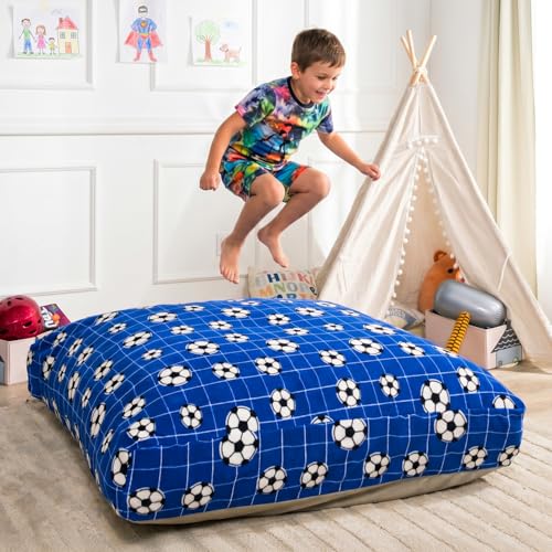Matini Home Sensory Crash Pad - Non Slip Bottom, Soft Fabric Sensory Pads, Landing Mat for Jumping, Relaxing & Play - 36" x 36", Blue Soccer Ball - color: Blue Soccer Ball, size: 36" X 36"