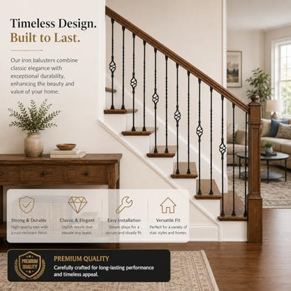 10 Pack 44 Inch Double Twist Iron Balusters with Swivel Shoes | Hollow 1/2 inch wrought iron balusters with double twist baskets and swivel shoes for angled or flat indoor stairs.