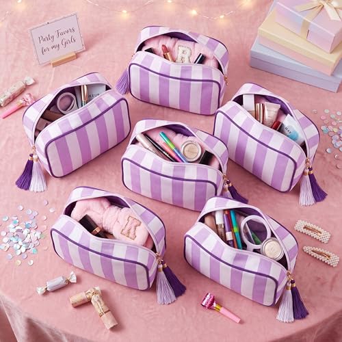 Kacctyen 6 Pack Lavender Purple and White Striped Makeup Bag bulk with Tassel Travel Cosmetic Pouch Organizer Large Zipper Toiletry Case for Women Aesthetic Storage Pouch Mahjong Tile Bag - color: Lavender Purple and White