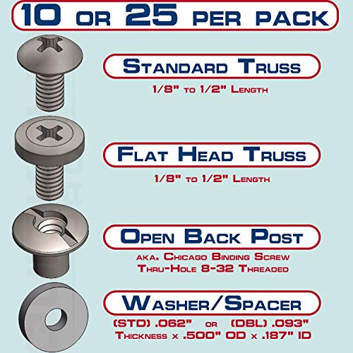 Black Chicago Screw - Thru Hole Binding Post Kit 1/8, 1/4, 3/8, 1/2 Inch Machine Screw Fasteners + Rubber Washers, QuickClipPro Kydex Leather Holster Sheath - size: 1/8" - 10 Pack