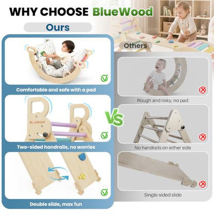 Pikler Triangle Set with Cushion, Wooden Climbing Toys for Toddler | Foldable 8-in-1 Montessori Philosophy Toddler Climbing Toys Indoor with Reversible Ramp, Arch and Ladder - Sunshine Rainbow - color: Sunshine Rainbow