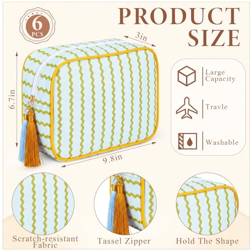 Kacctyen 6 Pack Mustard Yellow and Sage Green Striped Makeup Bag bulk with Tassel Travel Cosmetic Pouch Organizer Large Zipper Toiletry Case for Women Aesthetic Storage Pouch Mahjong Tile Bag - color: Mustard Yellow and Sage Green