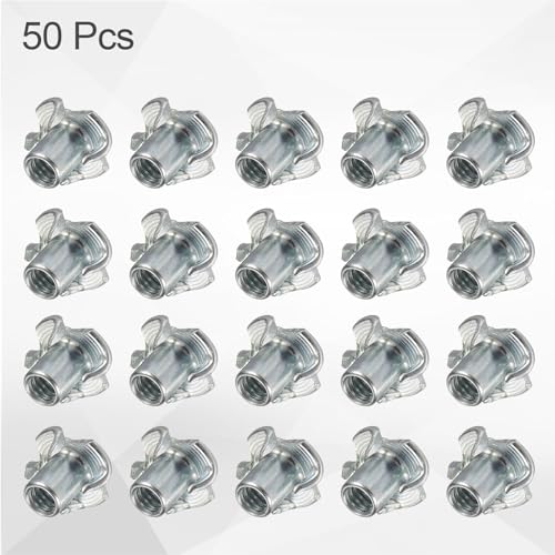 HARFINGTON 1/4x12mm T-Nuts 4 Pronged Tee Nut 0.69" x 0.47" Fully Thread Carbon Steel Inserts for Wood, Rock Climbing Holds, Cabinetry, Furniture 50pcs - size: 1/4" x 0.47" x 0.69" x 0.47"