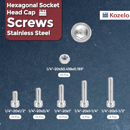56pcs 1/4"-20 Socket Head Cap Screws Bolts Nuts Assortment Kit - [1/2" to 1-1/2"] 304 Stainless Steel Allen Socket Drive for 3D Printer