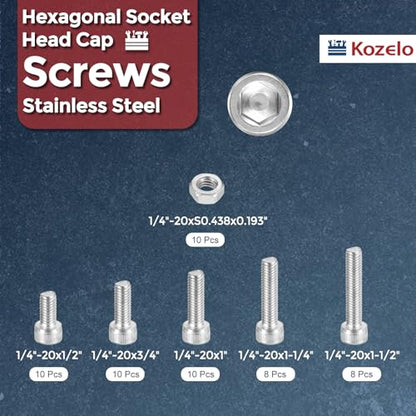 56pcs 1/4"-20 Socket Head Cap Screws Bolts Nuts Assortment Kit - [1/2" to 1-1/2"] 304 Stainless Steel Allen Socket Drive for 3D Printer